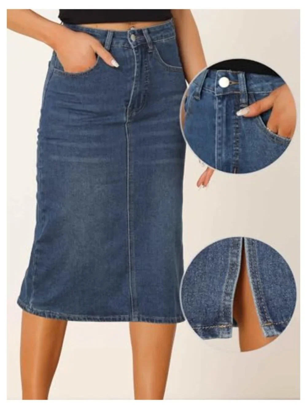 High Waist Midi Denim Skirt Stretchy Jean Skirt with Pockets and Back Split